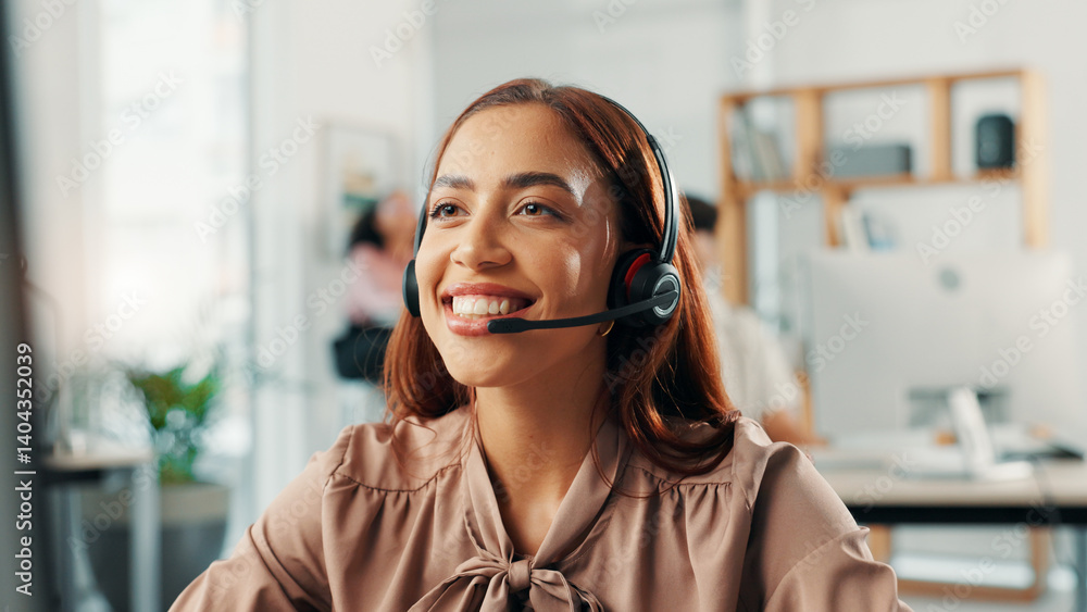 Aufkleber Headset, happy and virtual assistant in office with online appointment setting, schedule or support. Audio tech, consultation and female receptionist with call for crm integration in workplace.