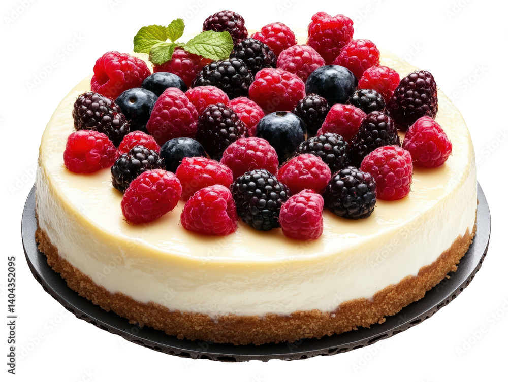Poster decadent cake topped with fresh berries and raspberry sauce in an elegant presentation for a sweet c