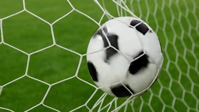 The Goal: A meticulously detailed view captures a dynamic football ball nestled perfectly in the goal net, illustrating the decisive moment of a score amidst lush green fields.