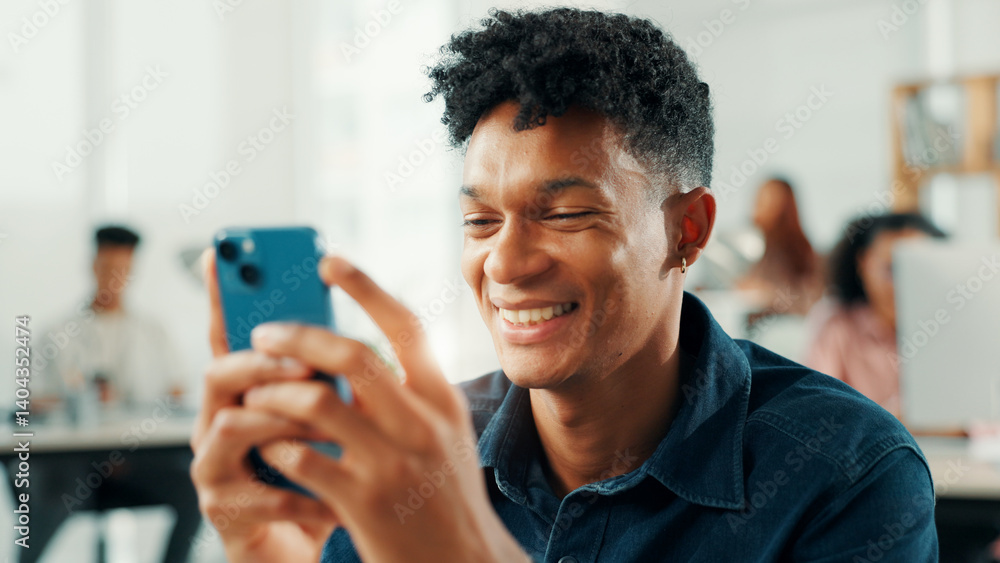 Poster business, man and smile with phone in office for text message, good news or reading client email. jo