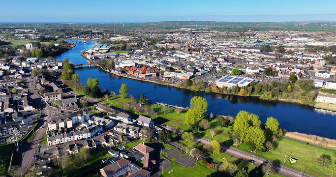 Aerial view of River Bann Seatons Marina Millennium Footbridge Coleraine Town Co Antrim and Derry Northern Ireland
