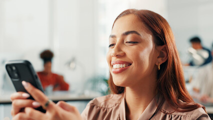 Business, woman and typing with phone in office for text message, editor email or reading online news. Journalist, person and scroll on smartphone for work break, social media or publication schedule