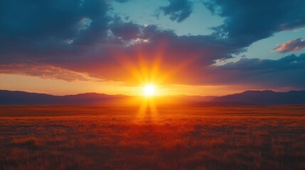 Golden Sunset Over Grassy Field With Silhouetted Mountains