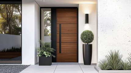 Entrance door featuring wooden design complements a white wall.