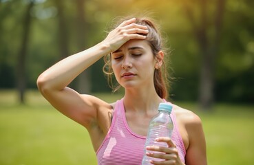 Young woman experiences heatstroke in sunlight. She holds bottle of water in hand. Overheated female covering head, feeling bad. Summer heat, sun, thirst, exercise, outdoor sport.