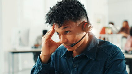 Anxiety, headset and support with man in call center for assistance, help or lead generation....