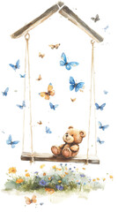 Watercolor Illustration of Teddy Bear on a Swing with Butterflies