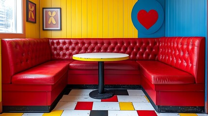 Red Booth with Yellow Walls: A bold and vibrant diner booth with red upholstery and a circular table against a cheerful yellow wall backdrop. It features a red heart against a blue circle.