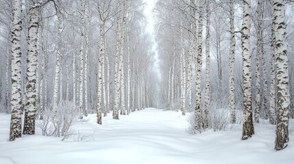 Serene Winter Wonderland with Snow-Covered Birch Trees and Pathway
