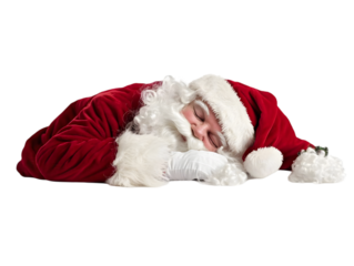 Photo of Sleeping Santa Claus In Red Costume and Hat Isolated on Black