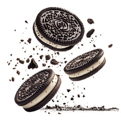 Fototapeta premium flying Oreo cookies with crumbs isolated on transparent white background, clipping path