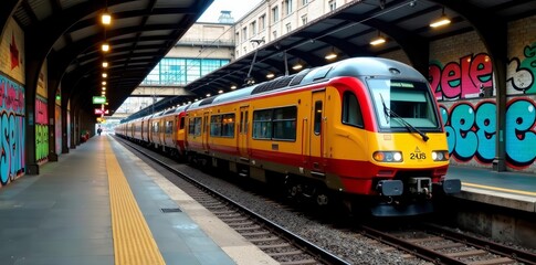 Fototapeta premium Multiple trains parked in Nantes Blottereau station with vibrant graffiti walls in the background, Europe, waiting