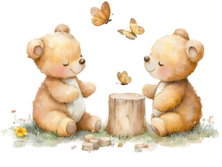 Watercolor Illustration of Two Cute Bears with Butterflies on Transparent Background