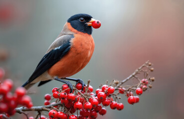 Fototapeta premium Bullfinch bird sits on a branch of red rowan berries. Bird holds rowan berry in its beak. Blurred background. Wildlife nature scene in winter. Fauna with red fruit.