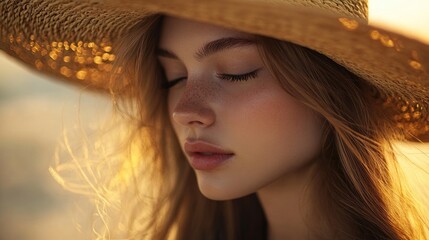 Close-up of a woman wearing a stylish wide-brimmed straw hat, gentle sea breeze moving her hair