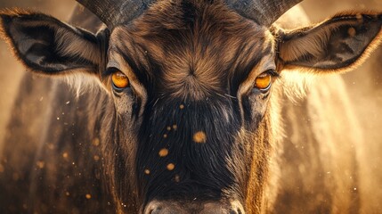 close-up portrait of a majestic wildebeest, deep golden eyes reflecting the sunlight