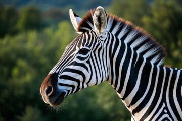Fototapeta premium zebra standing in front of a forest with trees and bushes