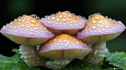 Obraz premium Cluster of orange-brown mushrooms with speckled caps growing among green foliage in a forest environment