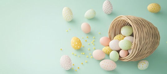 Easter eggs and wicker basket on green background, symbolizing cheerful springtime celebration and traditional holiday decoration
