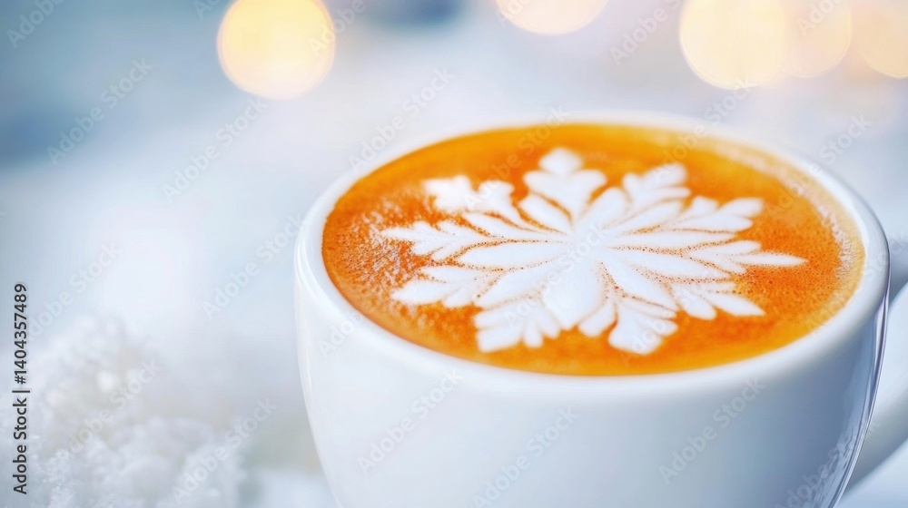 Poster lovingly crafted latte art displays a snowflake design, creating a warm atmosphere perfect for winte