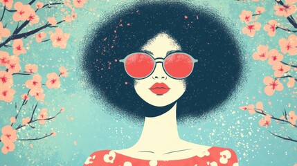 Fototapeta premium A confident woman with an afro hairstyle and large sunglasses stands amidst blooming cherry blossoms, showcasing a vibrant spring atmosphere