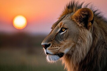 Fototapeta premium araffe looking at the sun setting in the distance with a lion in the foreground