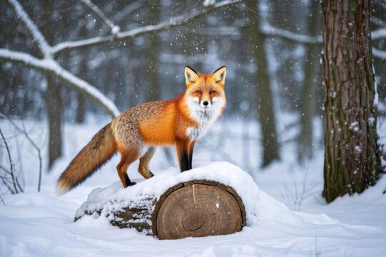 there is a red fox standing on a log in the snow