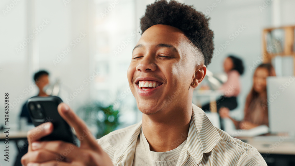 Poster smile, creative and man with phone in office for communication, reading email and website update. af