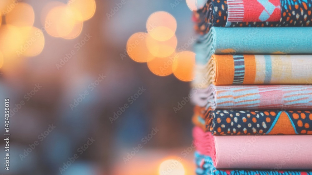 Poster brightly patterned fabrics are neatly arranged in a stack at a market, illuminated by glowing lights