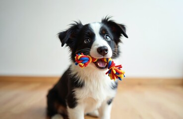 Fototapeta premium Cute border collie puppy holding colorful rope toy in mouth. Young dog playing at home, pet care, animal themes. Adorable doggy portrait. Focus on face. Little furry playful new family member with