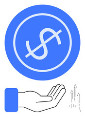 Open hand below crossed-out dollar sign symbolizing loss, charity, or financial caution. Upward arrows representing potential growth. Ideal for finance, charity, budget, warning, caution loss