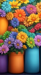 Colorful daisies in various pots.