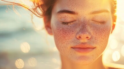 A young woman with freckles closes her eyes, embracing the gentle ocean breeze and the sun’s golden warmth. Her subtle smile and the soft-focus beach behind her capture a moment of pure serenity