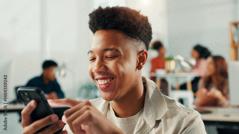 Poster smile, man and student with phone in class for communication, social media and university report. af