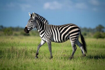 Obraz premium zebra walking in a field of grass with trees in the background