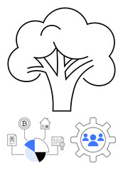 Tree symbolizes growth, alongside a gear for teamwork, pie chart for data, blockchain for tech, house for investment, and certificate for achievement. Ideal for sustainability, teamwork, innovation