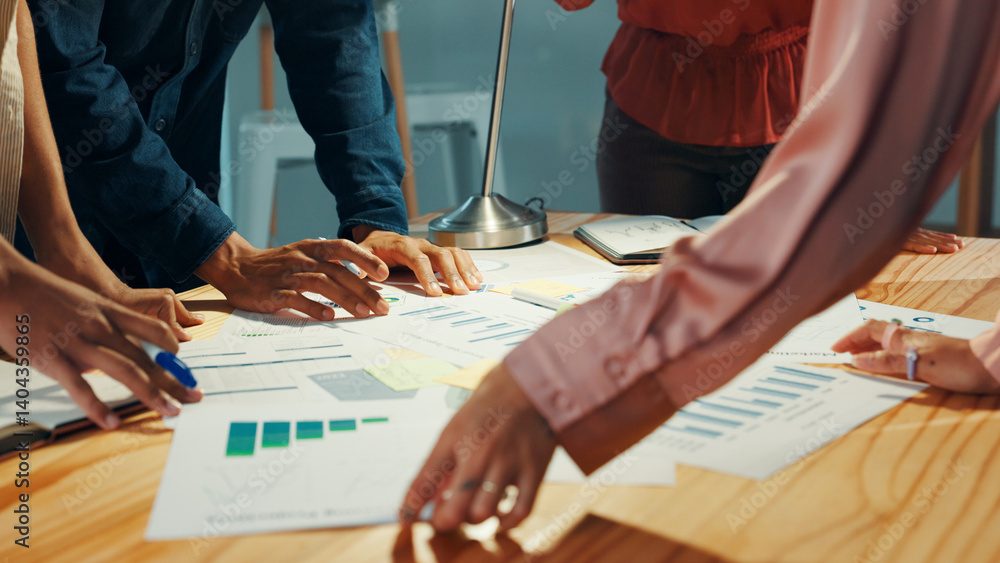 Aufkleber hands, data and team of business people planning strategy, performance analysis and paper graphs. ch