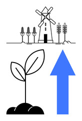 Windmill with corns and wheat, plant sprouting from soil, upward arrow. Ideal for agriculture, growth, sustainability, renewable energy, progress, eco-consciousness innovation flat simple metaphor