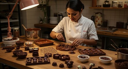 A chocolatier handcrafting artisanal chocolate in a cozy workshop, with melted chocolate, molds, and intricate decorations, creating gourmet treats