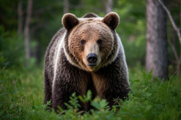 Obraz premium there is a brown bear walking through a forest with tall trees