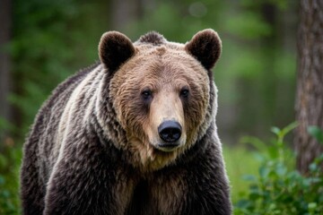 there is a large brown bear walking through a forest