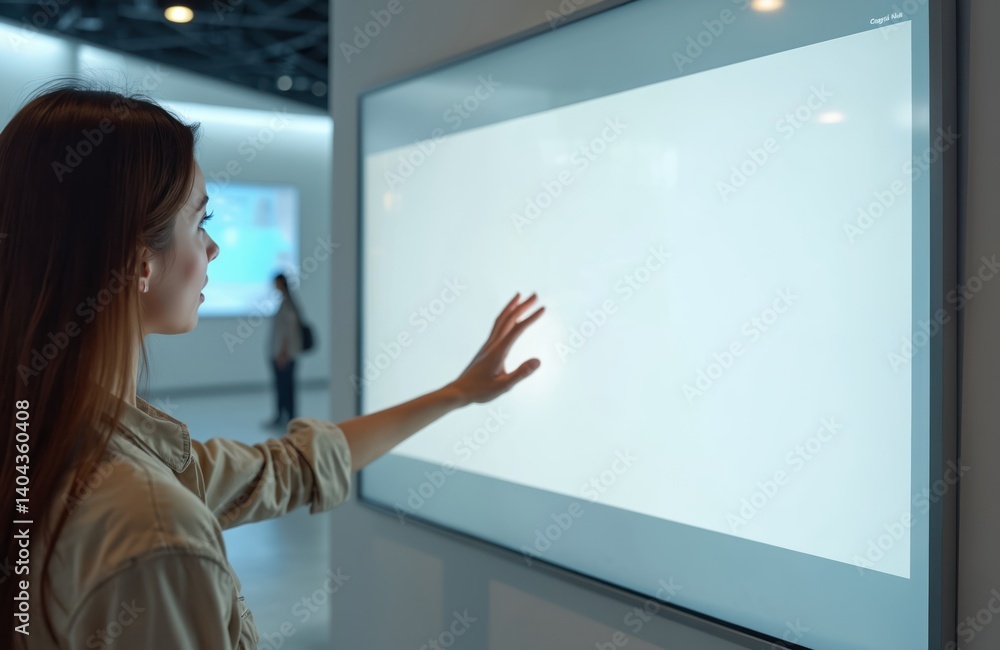 Fototapete woman interacts with large interactive touchscreen display at tech exhibition in museum. blank scree