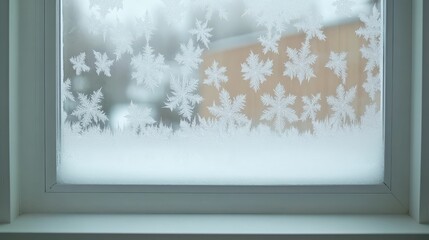 Frost patterns on a windowpane, winter scene.