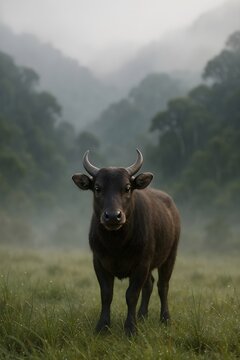 Mountain anoa standing on misty Sulawesi highland meadow with dewy grass and foggy jungle in early morning light, photorealistic portrait with empty space above