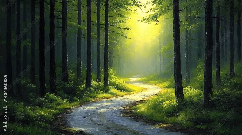 Poster sun-dappled path in lush forest: a serene path winds its way through a sun-drenched forest, where to