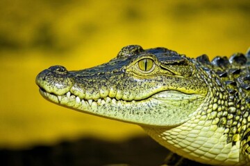 Fototapeta premium there is a close up of a crocodile ' s head with a yellow background