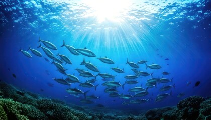Obraz premium Magical Scene of Tuna School in Blue Ocean with Sunlight Rays