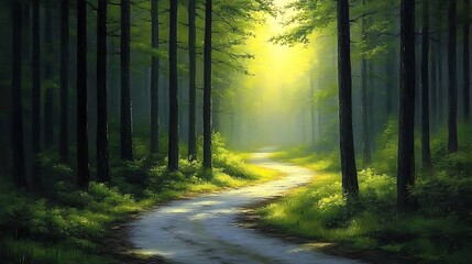 Sun-Dappled Path in Lush Forest: A serene path winds its way through a sun-drenched forest, where towering trees create a symphony of light and shadow.