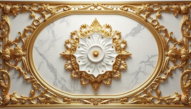 Symmetrical decorative ceiling design model with gold and white marble pattern. Gold ornate frame. Mandala art design. Church, palace detail. Vintage luxury architectural element. Interior decor.