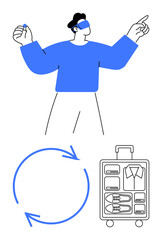 Person in VR headset gestures with hands. Circular arrows show recycling concept. Packed luggage with clothes and shoes. Ideal for sustainability, travel, packing, organization, VR technology